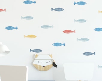 Stickers muraux poisson, bleu, jaune, rouge sous-marin Kids Room Stickers, décor de pépinière nautique, Stickers muraux aquarelle