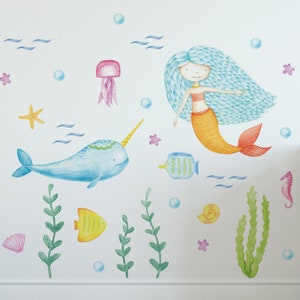 Mermaid and Narwhal Wall Decals, Whimsical Sea Life Wall Stickers, Mermaid Nursery Decor