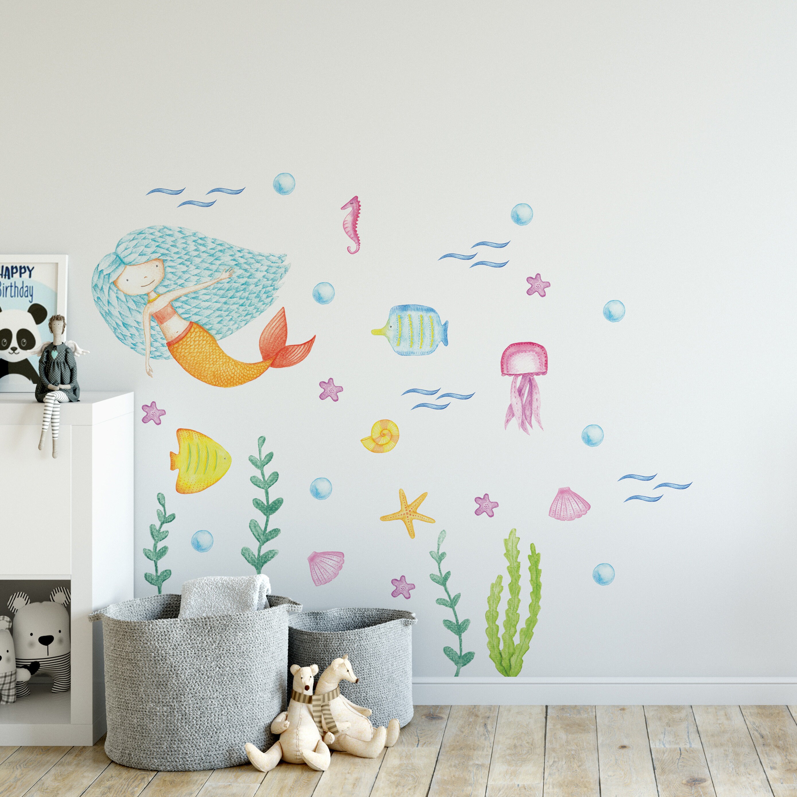 Colorful Mermaid Wall Decals for Kids Room Whimsical Sea Life Etsy