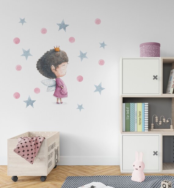 Fairy Princess Wall Decal Girl Room Stickers Whimsical Nursery Decor Watercolor Wall Decals