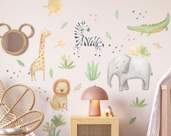 Safari Animals Wall Decals, Giraffe, Lion, Elephant, Zebra, Crocodile Wall Stickers, Safari Theme Kids Room Decor