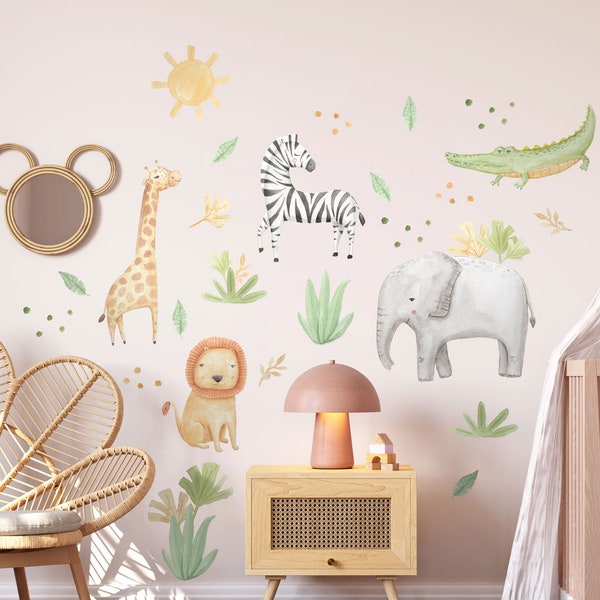 Safari Animals Wall Decals, Giraffe, Lion, Elephant, Zebra, Crocodile Wall Stickers, Safari Theme Kids Room Decor