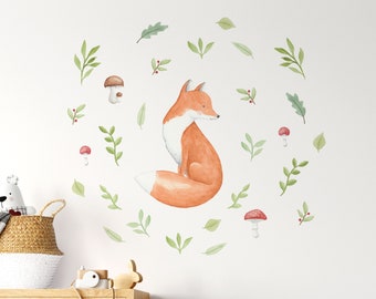 Stickers muraux renard aquarelle pour chambre d'enfant, stickers muraux animaux de la forêt, Woodland