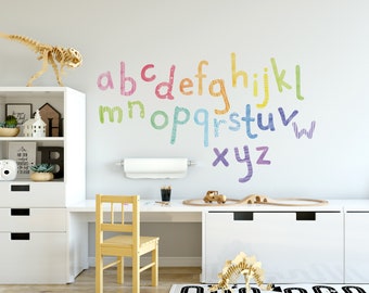 Watercolor letters wall decals, lowercase ABC fabric wall stickers, rainbow letters wall decor, colorful kids room decor