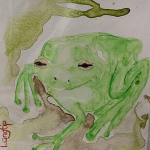 Green tree frog original watercolour painting on card