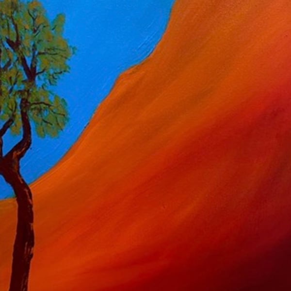 Tree at Uluru,mountain,big rock,red,orange,minimalist,portrayal,depiction,original art,affordable art,wall art,small space art,decorative,