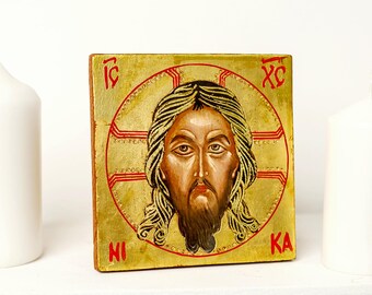 Icône Christ Halki faite main : cadeau religieux en feuille d&#39;or (150 x 150 mm)