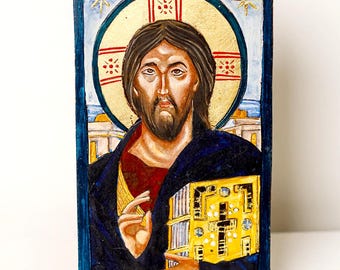 Icône du Christ Pantocrator peinte à la main : style Sinaï, feuille d&#39;or