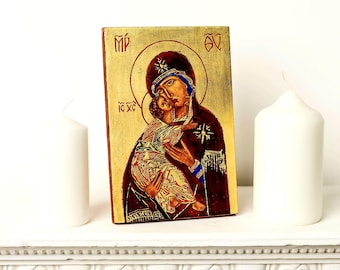 Icône Vladimir peinte à la main de la Mère de Dieu : peintures naturelles