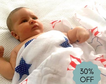 American Baby Muslin, Bamboo Cotton Muslin Swaddle, Stars and Stripes Muslin, USA Souvenir Scarf, Patriotic Newborn Muslin, New Mom Gift