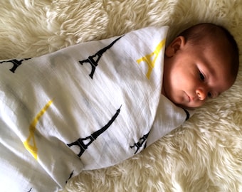 Swaddle Wrap, Muslin Swaddle, Newborn Swaddle, Baby Swaddle Blankets, Baby Wrap Blanket, Bamboo Cotton Wrap, Paris Baby Wrap,  Eiffel Tower