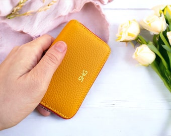 Tarjetero de gran capacidad con bloqueo RFID, Cartera de cuero de diseño minimalista, Tarjetero personalizado, Regalo personalizado para el día de la madre