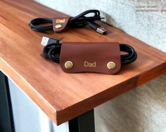 Leather Cable Organisers, Set of 2, Personalised Leather Cable Tidy, Small Personalised  gift for him, personalised gift for Father's Day