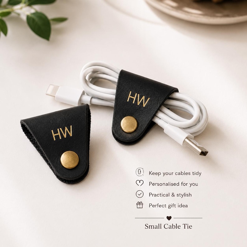 May include: Two black leather cable ties with gold-tone metal snap buttons and the embossed letters HW. One tie is folded flat, while the other secures a white charging cable. Text on the image reads: Keep your cables tidy, Personalised for you, Practical & stylish, Perfect gift idea, Small Cable Tie.