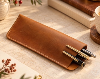 Personalised Crazy Horse Leather Glasses Case & Pen Sleeve, Handmade Leather Sunglasses Holder, Gift for Him or Her