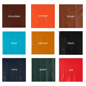 May include: A grid of nine colored squares featuring the labels chocolate, orange, brown, blue, oak tan, black, navy, green, and red. Each square displays a distinct solid color, providing a visual reference for the color names listed in white text.