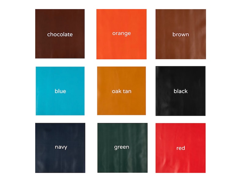 May include: A grid of nine colored squares featuring the labels chocolate, orange, brown, blue, oak tan, black, navy, green, and red. Each square displays a distinct solid color, providing a visual reference for the color names listed in white text.