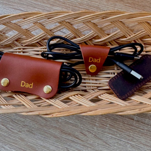 Personalised Leather Cable Ties, personalised gift for him, gift for daddy, Earphones Cable Holder, Personalised Organiser - Pack of 2