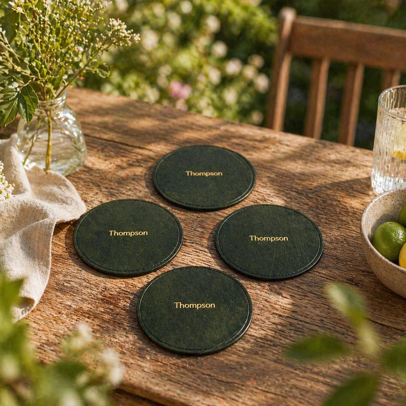 May include: Four dark green leather coasters, each with "Thompson" in gold lettering, sit on a wooden table. A vase of flowers, a glass of water, and a bowl of limes are also on the table.