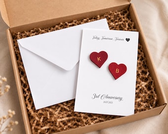 Personalized Leather Anniversary Card | Real Leather Hearts | 3rd Anniversary Gift | Custom Wedding Anniversary Card | Gift Box Included