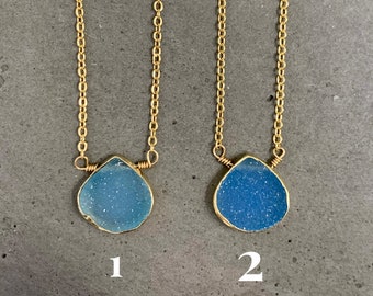 Gold Filled teardrop druzy necklaces (blue colors)