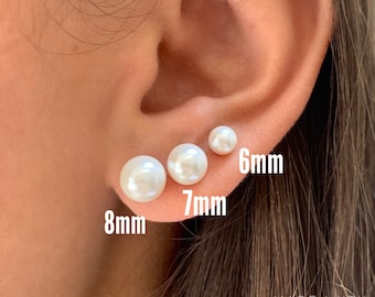 Sterling silver faux pearl studs 6, 7, 8mm