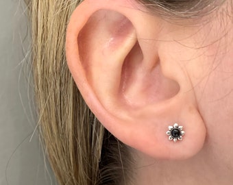 Sterling silver black enamel flower studs