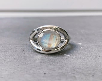 Sterling silver oval faceted moonstone ring