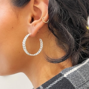 Sterling Silver Large Curb Chain Hoops 1 3/8”