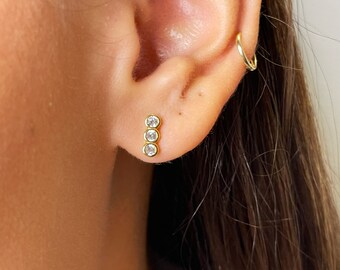 Sterling vermeil triple cubic zirconia bar stud earrings