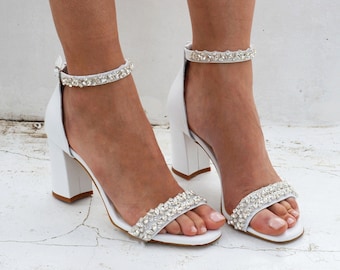 Block heel Wedding sandals, Jeweled Wedding Shoes, White Bridal heels, White Wedding heels, Bridal sandals, Crystal Bridal shoes &#39;&#39;Galaxy&#39;&#39;