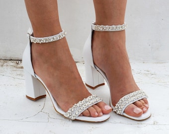 Block heel Wedding sandals, Jeweled Wedding Shoes, White Bridal heels, White Wedding heels, Bridal sandals, Crystal Bridal shoes ''Galaxy''