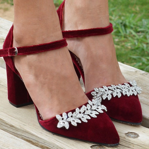 Velvet Block Heel Bridal Shoes Ruby Red Velvet Heels Deep | Etsy Ireland