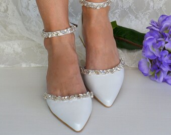 Women's Bridal shoes/ Handmade White leather flats/ Wedding ballet pumps/D'Orsay flats/ Bridal rhinestone shoes/ Ballerina bridal shoes