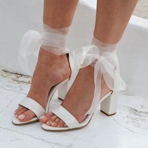 IVORY Wedding sandals Block heel/ Wedding Heels Organza Laces/ Ivory Bridal Heels/ Wedding shoes/ Ivory Leather sandals &#39;&#39;ANGEL&#39;&#39;