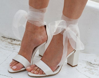 IVORY Wedding sandals Block heel/ Wedding Heels Organza Laces/ Ivory Bridal Heels/ Wedding shoes/ Ivory Leather sandals &#39;&#39;ANGEL&#39;&#39;