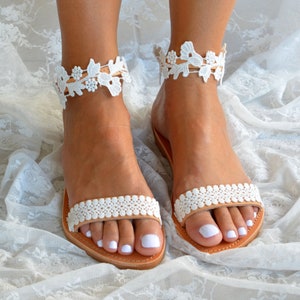 Handmade to order, White lace sandals, Bridal sandals, Wedding shoes, Wedding sandals, White lace shoes, Beach wedding sandals ''Lena''