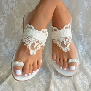 Wedding sandals for bride, White leather bridal sandals, White lace sandals, Beach wedding sandals, Wedding shoes &#39;&#39;Alice&#39;&#39;