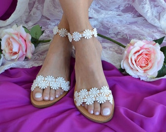 White lace sandals, Romantic wedding sandals, Lace wedding shoes, Flat lace sandals, Beach sandals, Greek wedding sandals ''Eva''