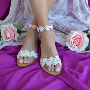 White lace sandals, Romantic wedding sandals, Lace wedding shoes, Flat lace sandals, Beach sandals, Greek wedding sandals ''Eva''