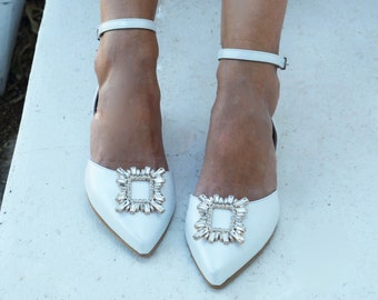 Wedding flats for bride | White Leather wedding flats | Jeweled Bridal Ballet flats | Crystal Bridal shoes | Wedding pumps low heel GLAM