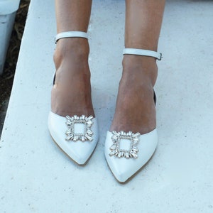 Wedding flats for bride | White Leather wedding flats | Jeweled Bridal Ballet flats | Crystal Bridal shoes | Wedding pumps low heel GLAM