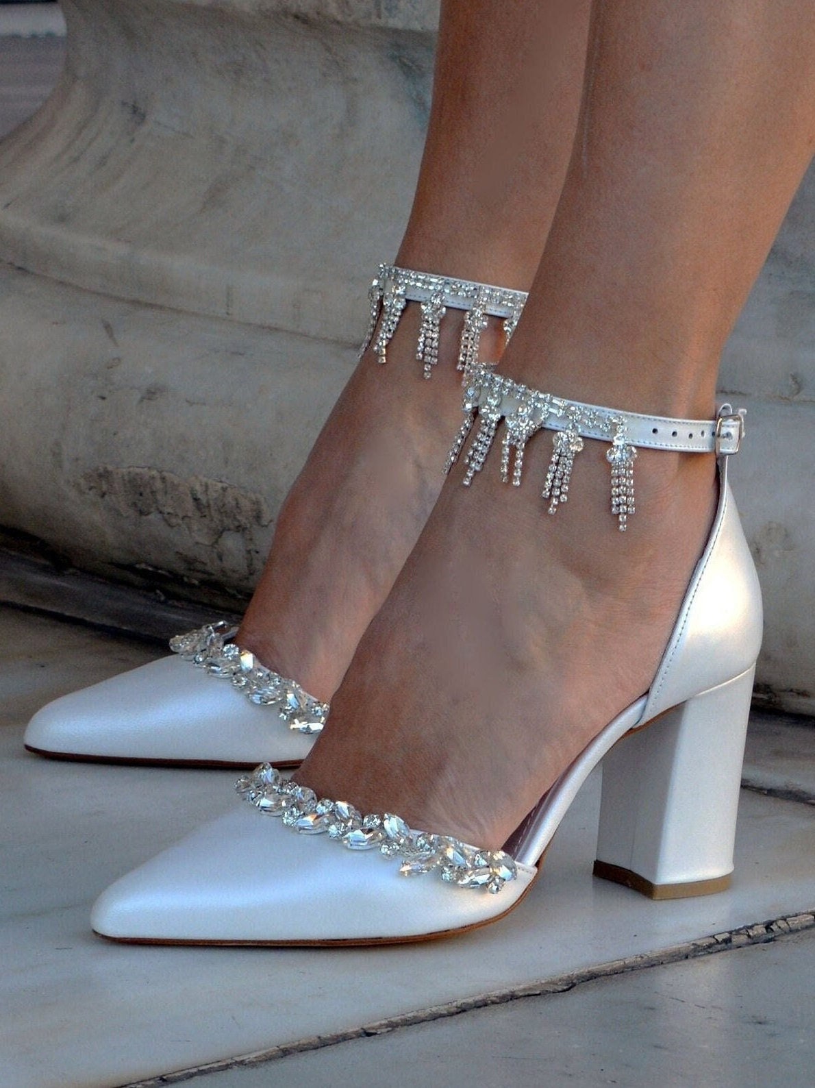 LEATHER Wedding Block Heels, Crystal embellished Wedding shoes, Bridal heels, Ankle strap pumps, Bridal Shoes, Wedding pumps ''Duchess''