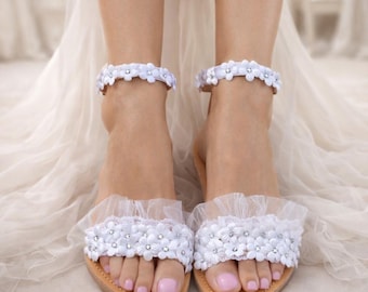 Handmade Leather Wedding Sandals, White Silk Daisies, Bridal Shoes