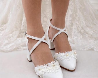 Handmade White Leather Wedding Shoes: Floral Lace Block Heels