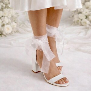 Handmade White Leather Wedding Sandals with Organza Laces image 3