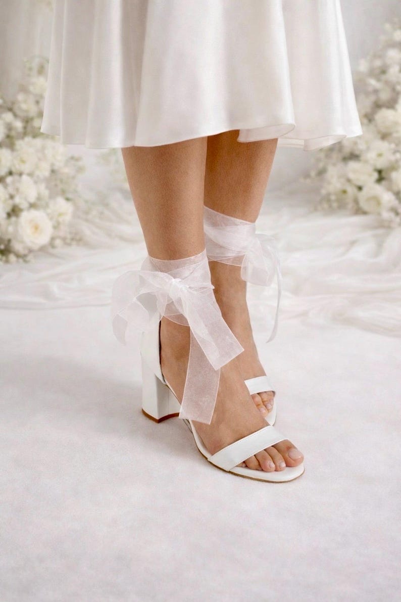 Handmade White Leather Wedding Sandals with Organza Laces image 3