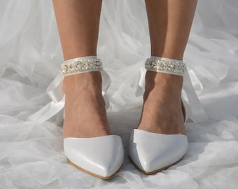 Handmade Leather Wedding Ballet Flats • Pearl Ankle Strap