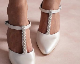T-strap Wedding Shoes, Block heel Wedding shoes, Pearl Wedding Pumps, Pearl Bridal heels, Wedding heels, Leather Wedding shoes ''STUNNER''