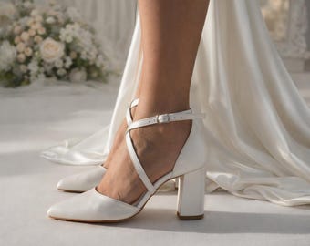 Handmade Pearly White Leather Wedding Heels, Pointed Toe Block Heel Bridal Shoes